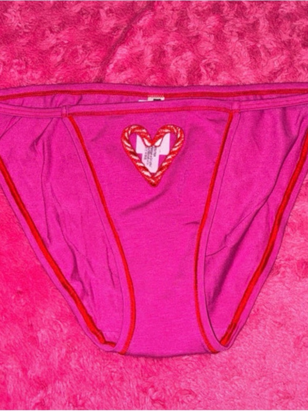 PINK Victoria's Secret Hot Pink Bikini Briefs with Red Trim and Candy Cane Decor